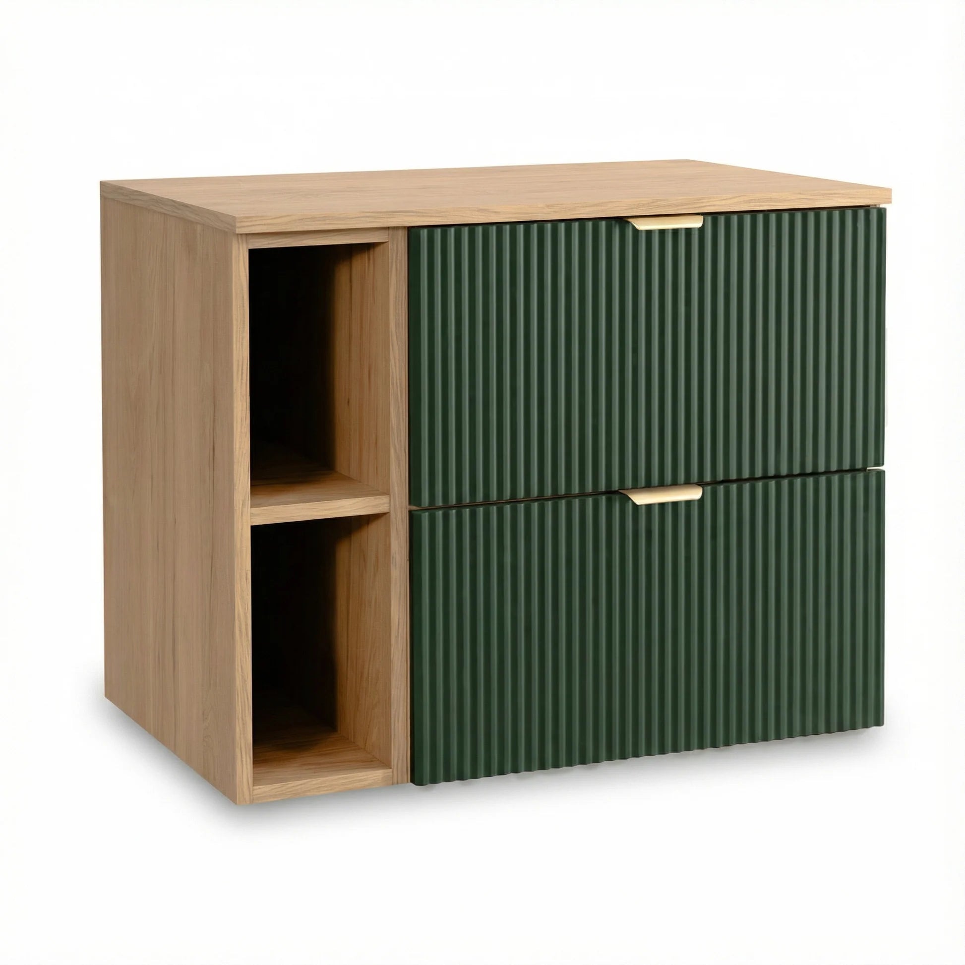 Dulap pentru lavoar Willy 80 cm Verde/Nuc, cu raft și 2 sertare, fronturi canelate, mobilier modern de baie suspendat cu design natural