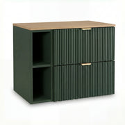 Dulap pentru lavoar Willy 80 cm Verde/Nuc Top cu raft și 2 sertare, fronturi canelate, mobilier de baie suspendat modern cu design natural