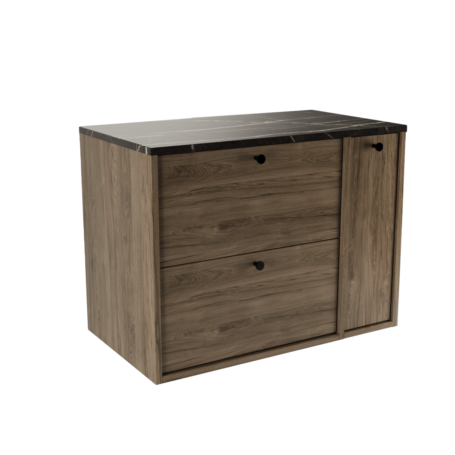 Dulap Belino 80 cm pentru lavoar, Nuc Închis cu blat marmură Negru și raft închis, design elegant și modern, perfect pentru băi stilate și contemporane.