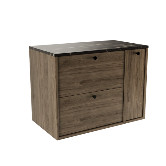 Dulap Belino 80 cm pentru lavoar, Nuc Închis cu blat marmură Negru și raft închis, design elegant și modern, perfect pentru băi stilate și contemporane.
