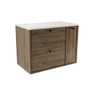 Dulap Belino 80 cm pentru lavoar, Nuc Închis cu blat marmură Alba și raft închis, design elegant și modern, perfect pentru băi stilate și contemporane.