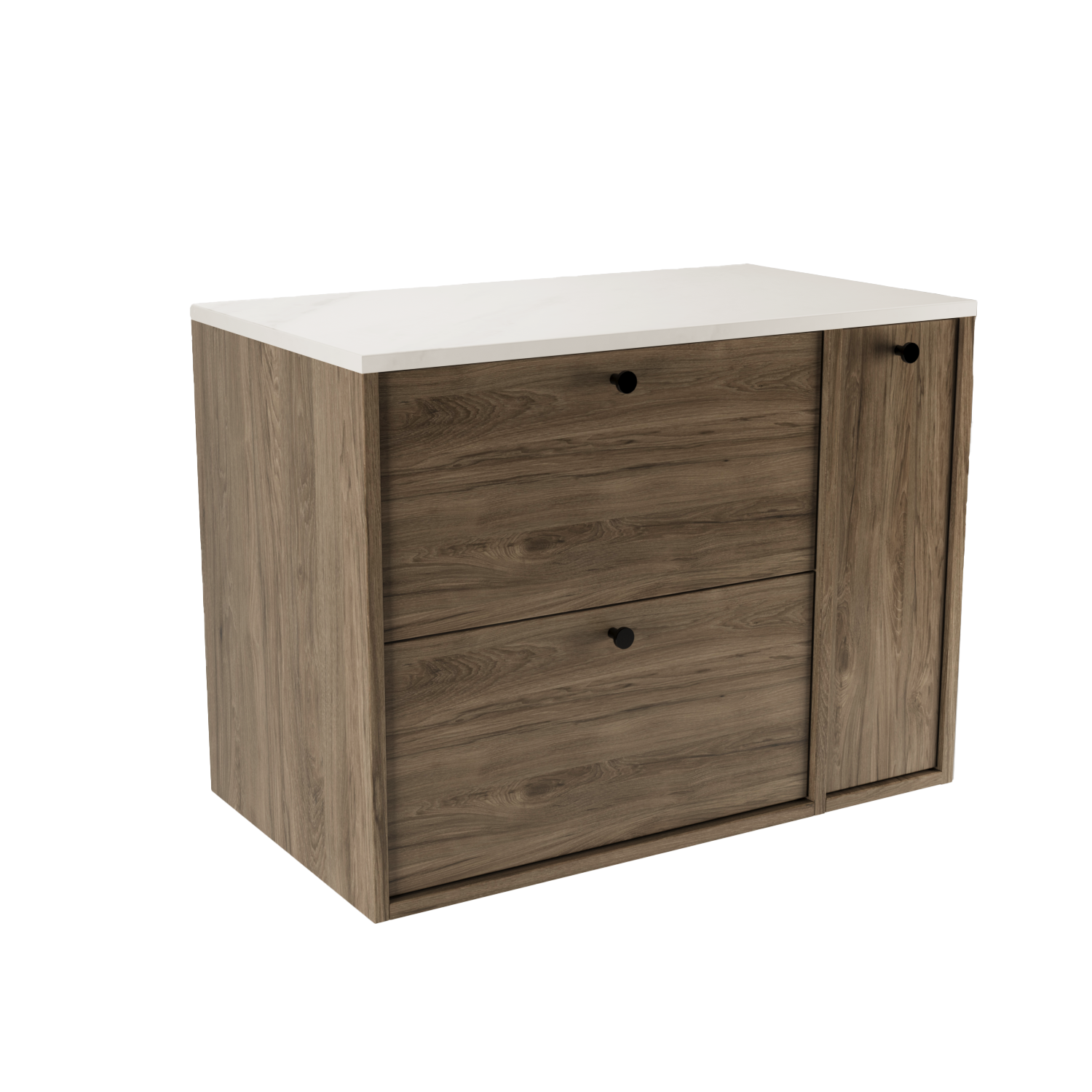 Dulap Belino 80 cm pentru lavoar, Nuc Închis cu blat marmură Alba și raft închis, design elegant și modern, perfect pentru băi stilate și contemporane.