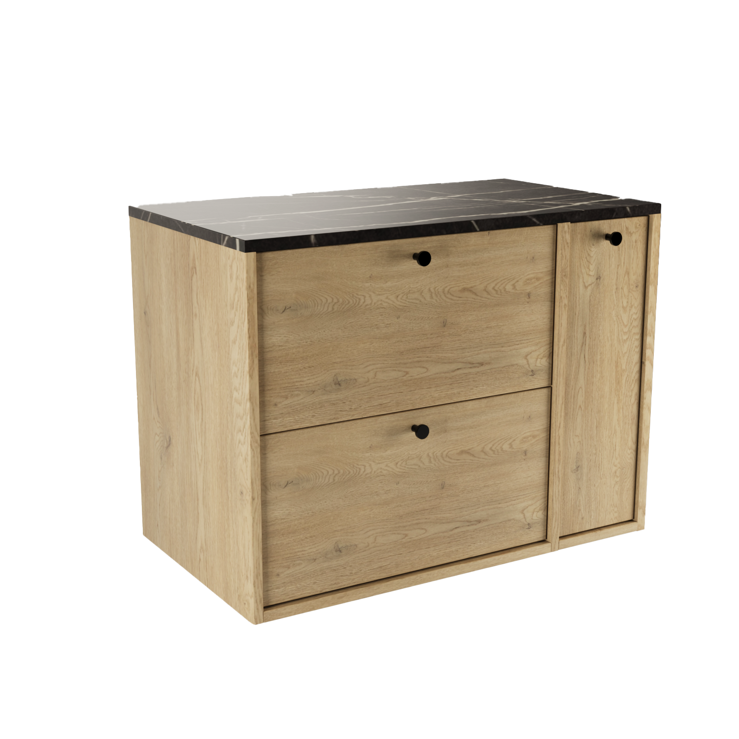 Dulap Belino 80 cm pentru lavoar, Stejar Cremona cu blat marmură Negru și raft închis, design modern și elegant, perfect pentru băi elegante și contemporane.