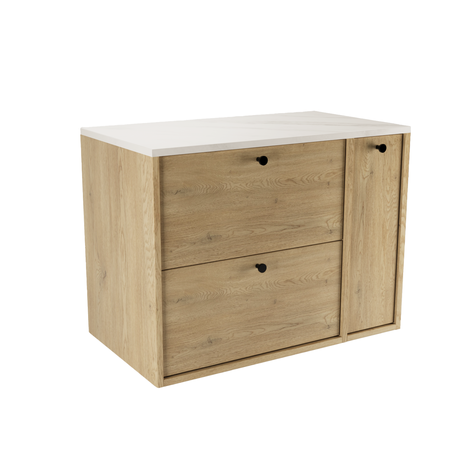 Dulap Belino 80 cm pentru lavoar, Stejar Cremona cu blat marmură Alba și raft închis, design modern și elegant, perfect pentru băi minimaliste și contemporane.