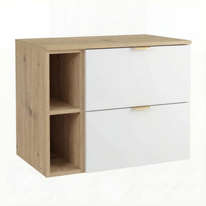 Dulap pentru lavoar Orio 80 cm, Alb/Stejar artizanal, cu 2 sertare SOFT-CLOSE și raft lateral de 20 cm. Design luminos, natural și modern pentru baie.