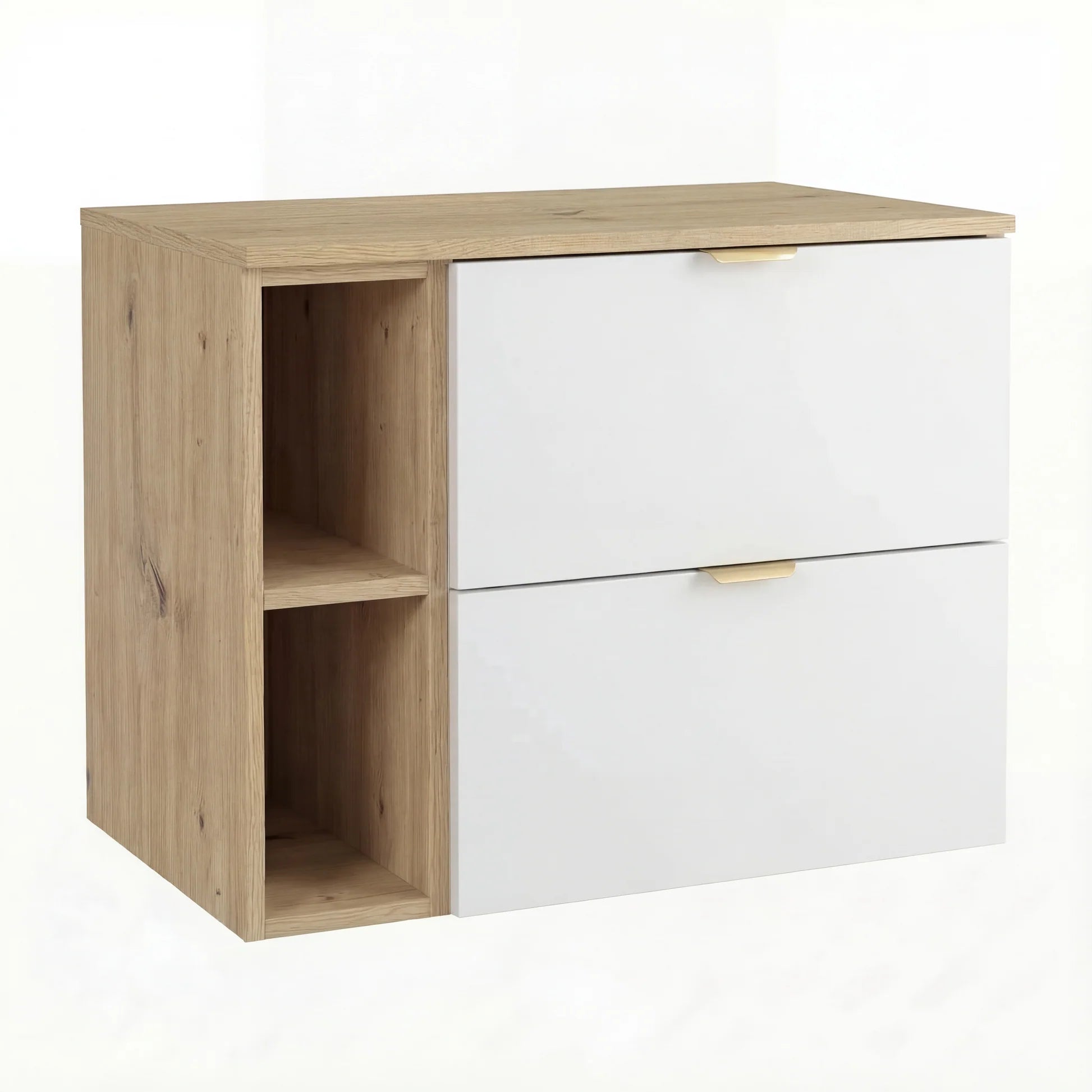 Dulap pentru lavoar Orio 80 cm, Alb/Stejar artizanal, cu 2 sertare SOFT-CLOSE și raft lateral de 20 cm. Design luminos, natural și modern pentru baie.