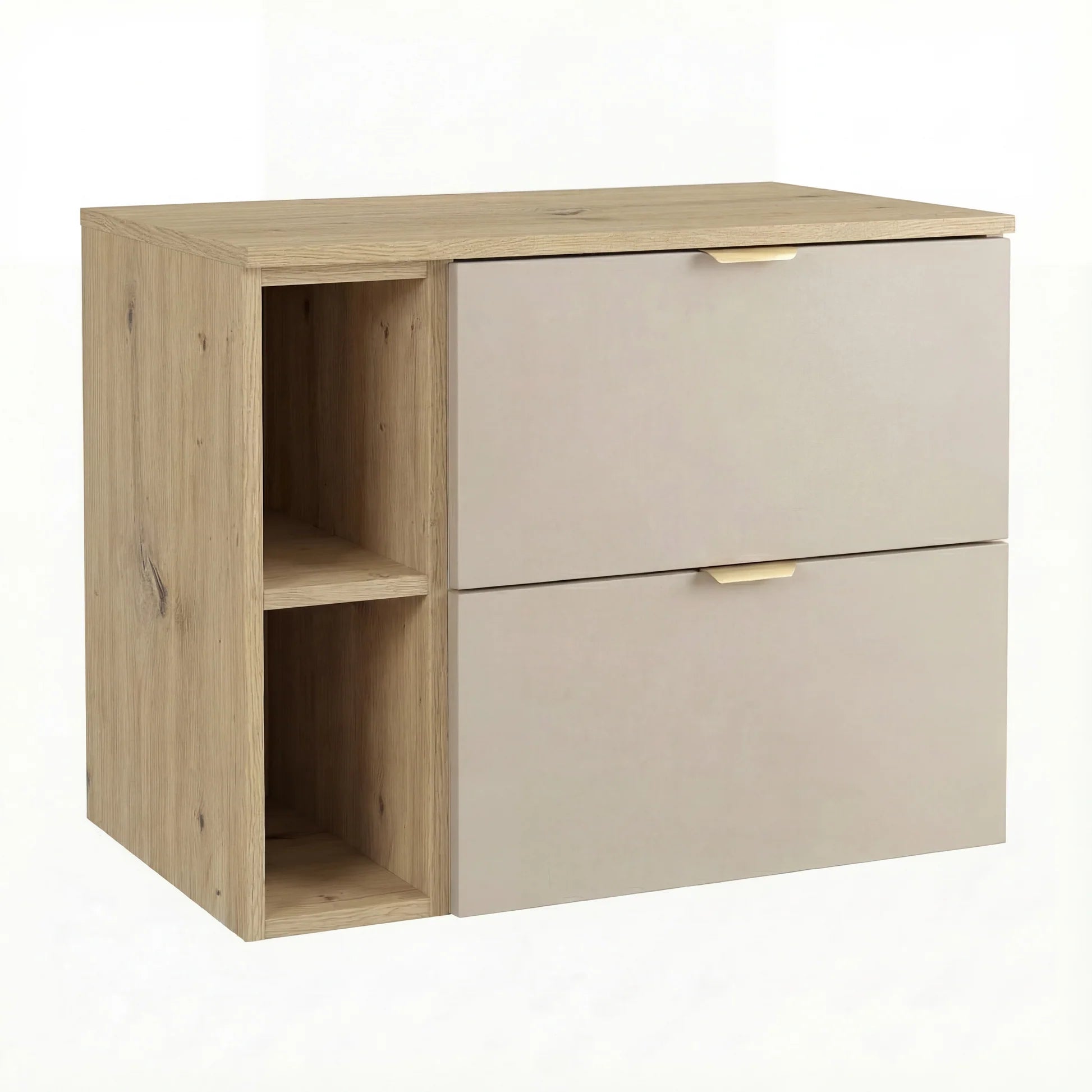 Dulap pentru lavoar Orio 80 cm, Casmir și Stejar artizanal, cu 2 sertare SOFT-CLOSE și raft suplimentar. Design modern, cald și funcțional pentru baie.