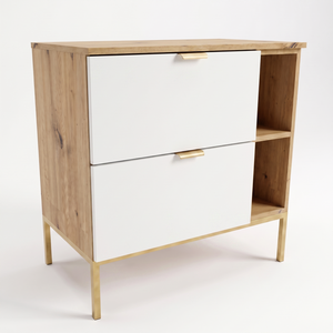 Dulap pentru lavoar Orio 80 cm Alb/Stejar Artisan, cu raft lateral, cadru metalic, 2 sertare Soft-Close și fronturi netede.