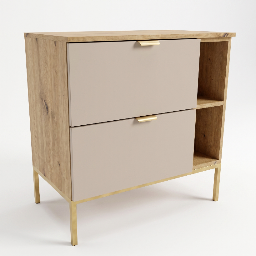 Dulap pentru lavoar Orio 80 cm Cașmir/Stejar Artisan, cu raft lateral, cadru metalic, 2 sertare Soft-Close și fronturi netede.