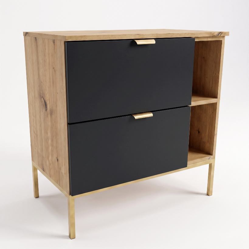 Dulap pentru lavoar Orio 80 cm Negru/Stejar Artisan, cu raft lateral, cadru metalic, 2 sertare Soft-Close și fronturi netede.