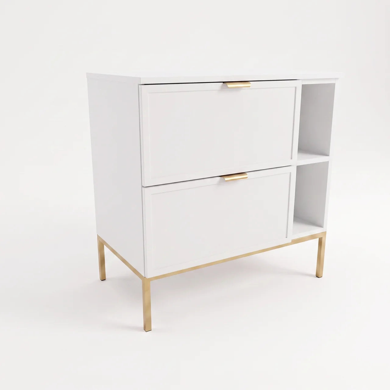 Dulap pentru lavoar Roma 80 cm alb, cu raft lateral, cadru metalic, 2 sertare Soft-Close, fronturi MDF cu ramă decorativă, mobilier elegant pentru baie.