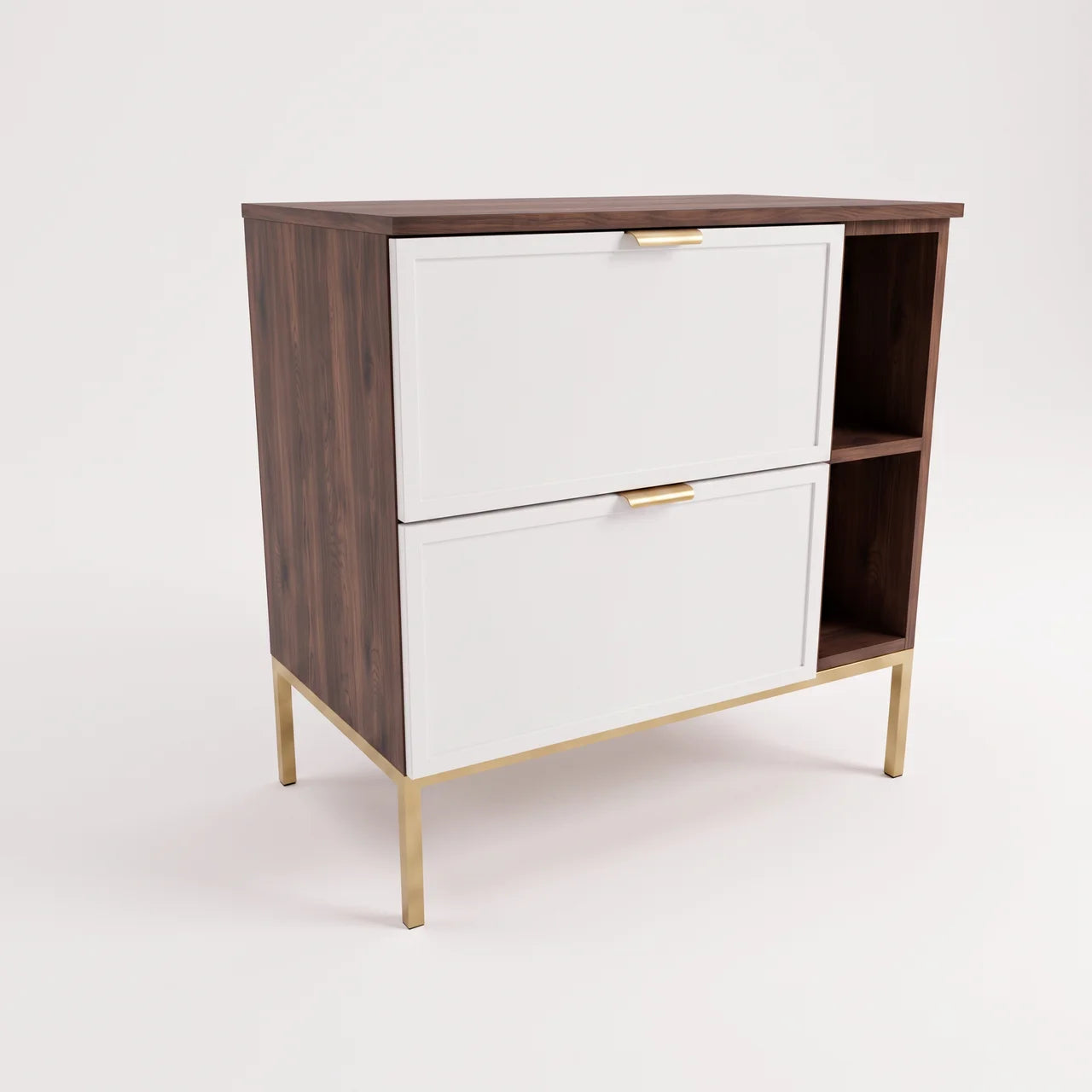 Dulap pentru lavoar Roma 80 cm Alb/Nuc Închis, cu raft lateral, cadru metalic, 2 sertare Soft-Close, fronturi MDF cu ramă decorativă, mobilier elegant pentru baie.