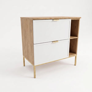 Dulap pentru lavoar Roma 80 cm Alb/Stejar Cremona, cu raft lateral, cadru metalic, 2 sertare Soft-Close, fronturi MDF cu ramă decorativă.