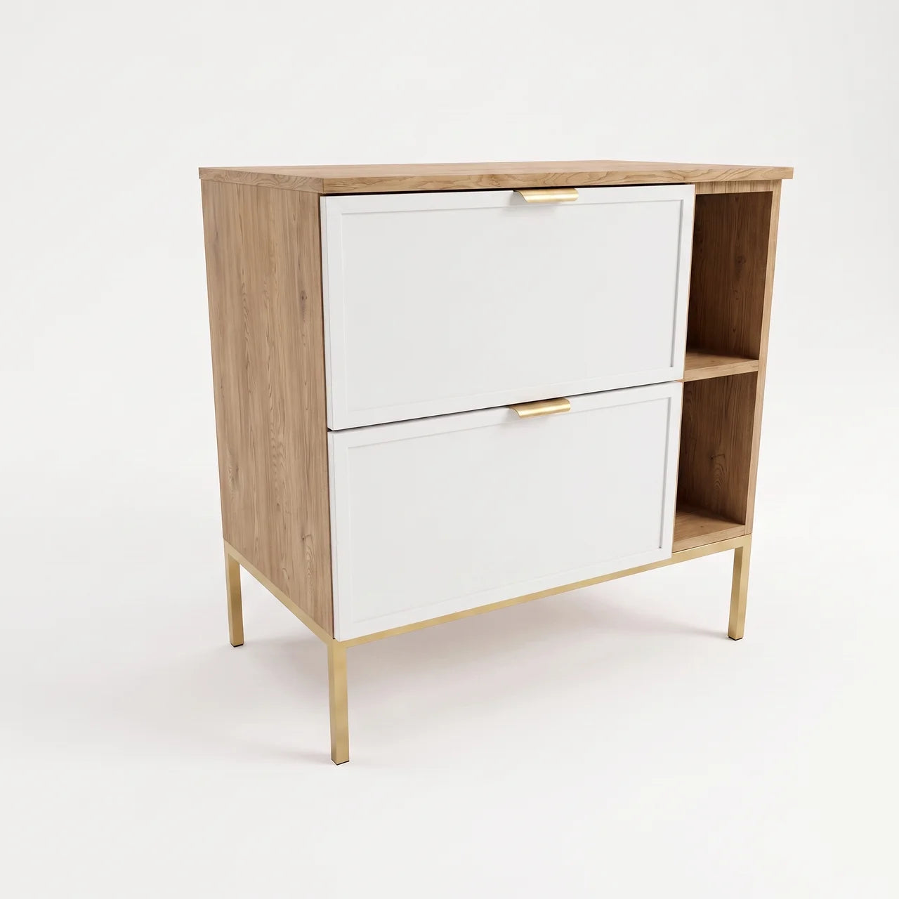 Dulap pentru lavoar Roma 80 cm Alb/Stejar Cremona, cu raft lateral, cadru metalic, 2 sertare Soft-Close, fronturi MDF cu ramă decorativă.
