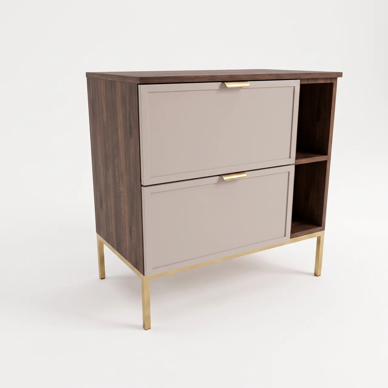 Dulap pentru lavoar Roma 80 cm cu raft pe cadru metalic, finisaj Casmir/Nuc închis, cu 2 sertare și design elegant.