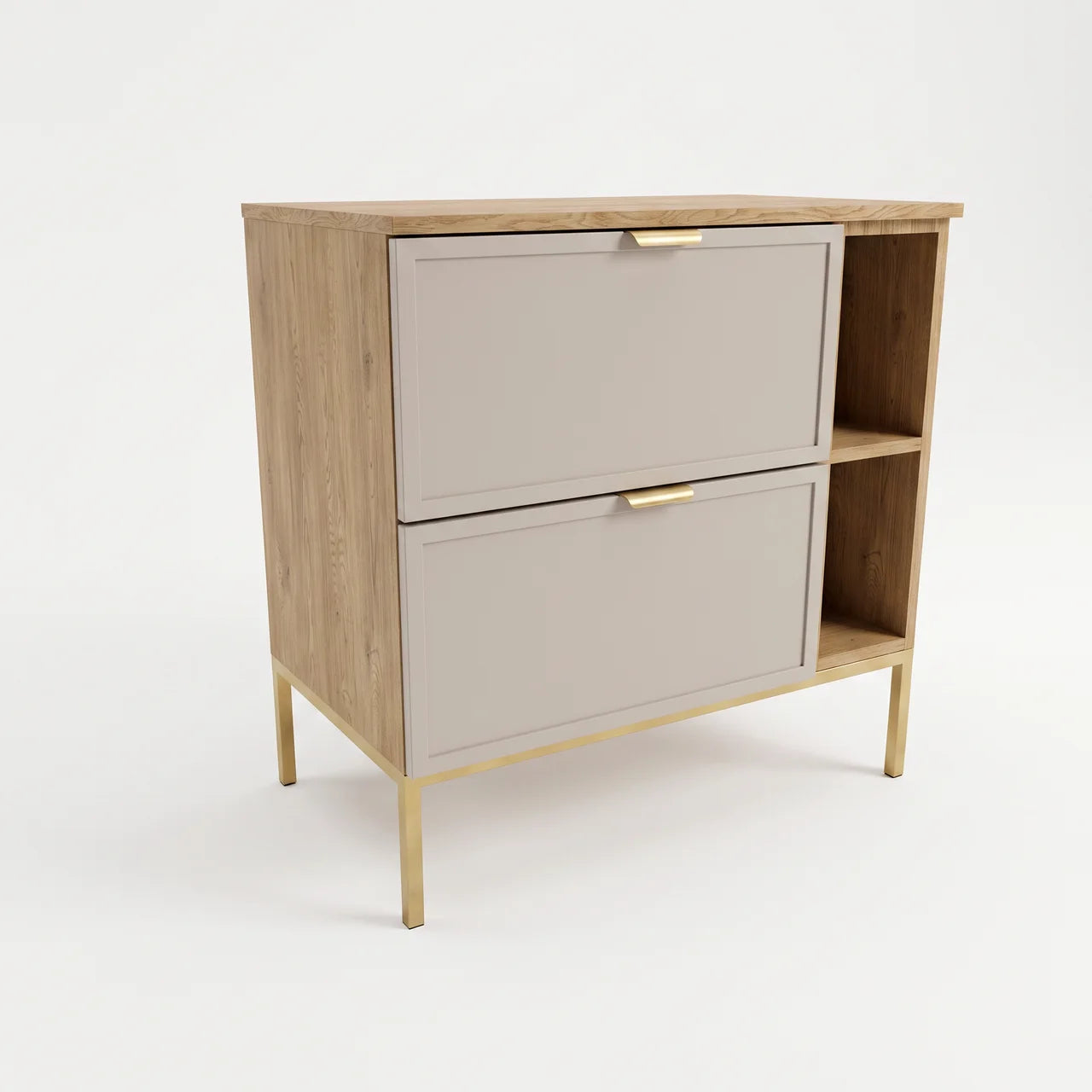 Dulap pentru lavoar Roma 80 cm Cașmir/Stejar Cremona, cu raft lateral, cadru metalic, 2 sertare Soft-Close, fronturi MDF cu ramă decorativă.