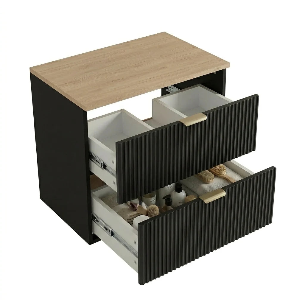 Dulap pentru lavoar 60 cm 2 sertare fronturi canelate Willy - Negru, Nuc top