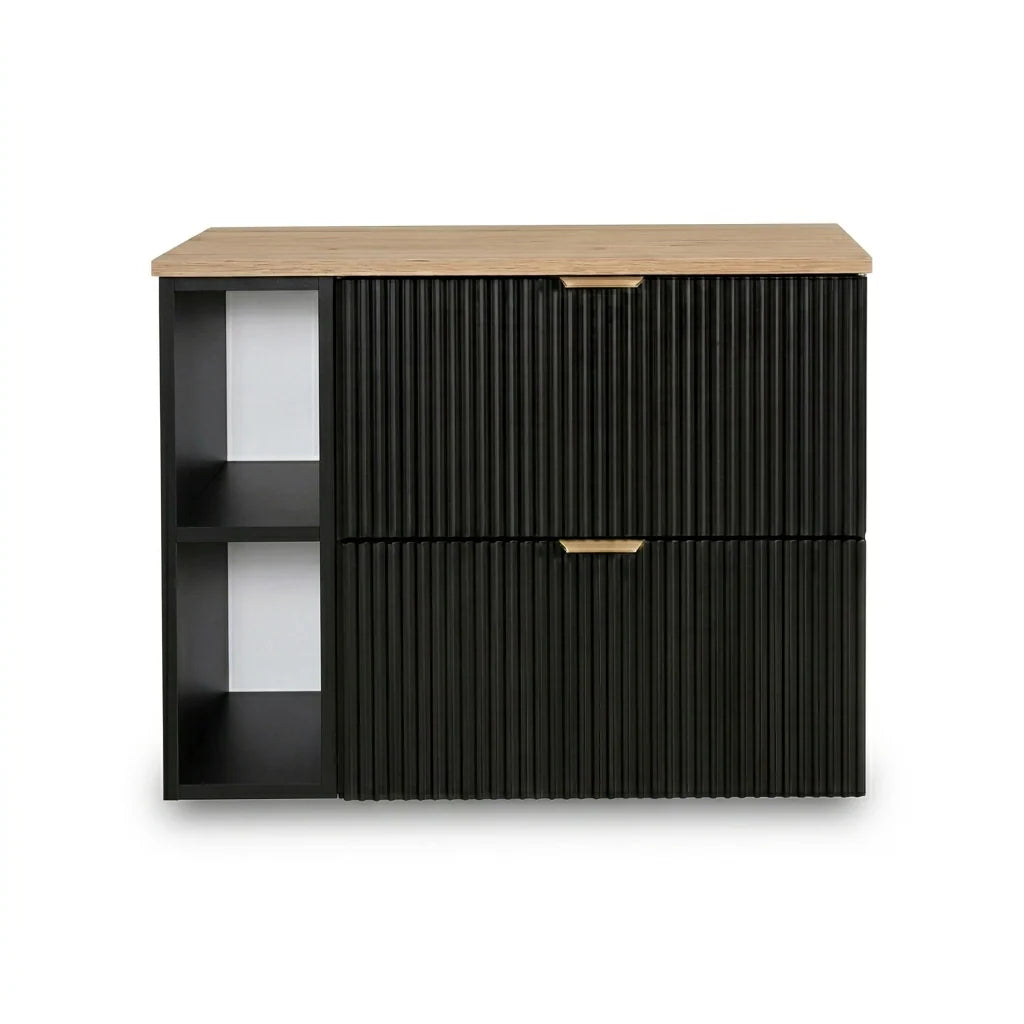 Dulap pentru lavoar 80 cm cu raft, fronturi canelate Willy - Negru, Nuc top