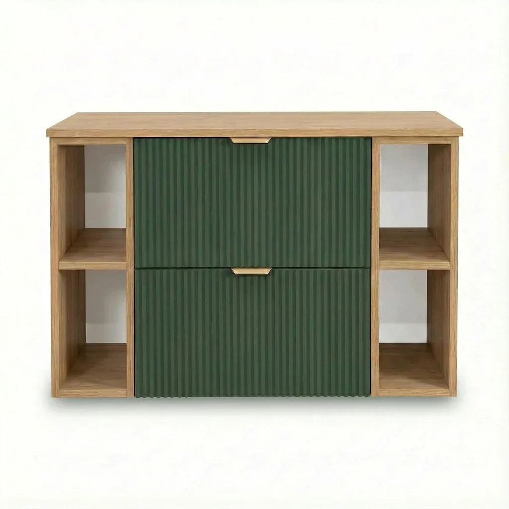 Dulap pentru lavoar 100 cm, cu 2 raft, fronturi canelate Willy - Verde/Nuc