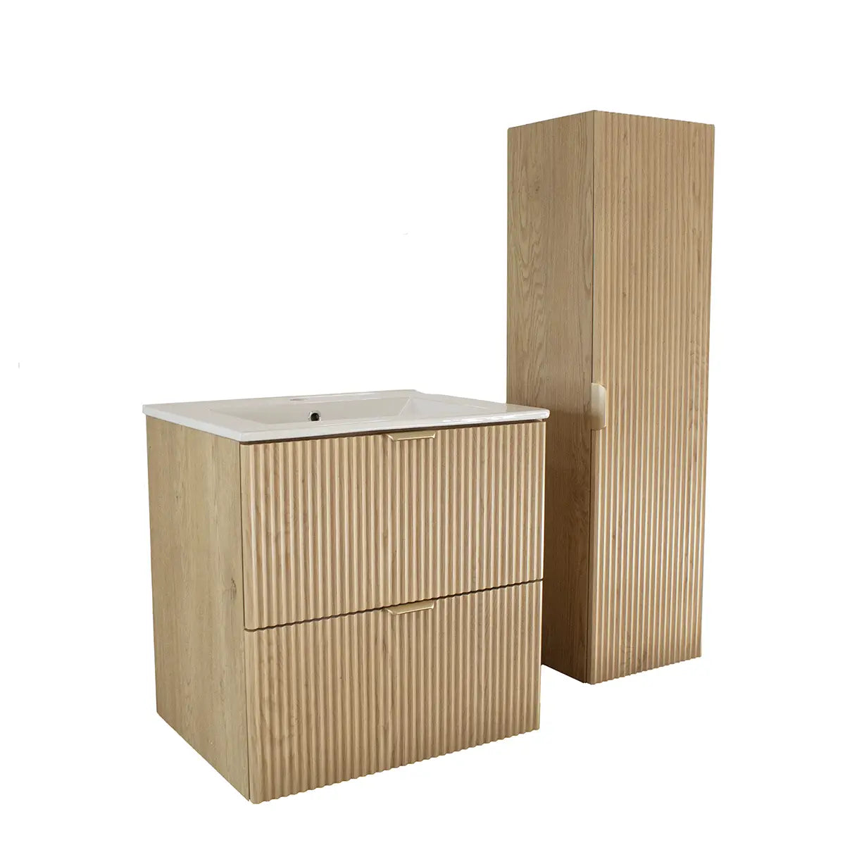 Dulap pentru lavoar 60 cm cu chiuveta, 2 sertare, fronturi canelate Willy - Stejar Cremona