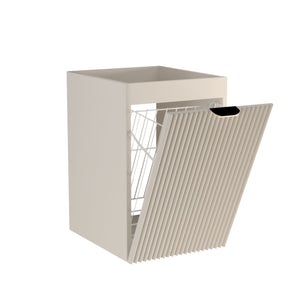 Dulap de baie Willy 40 cm Cașmir cu coș de rufe integrat, front striat și mânere metalice aurii.