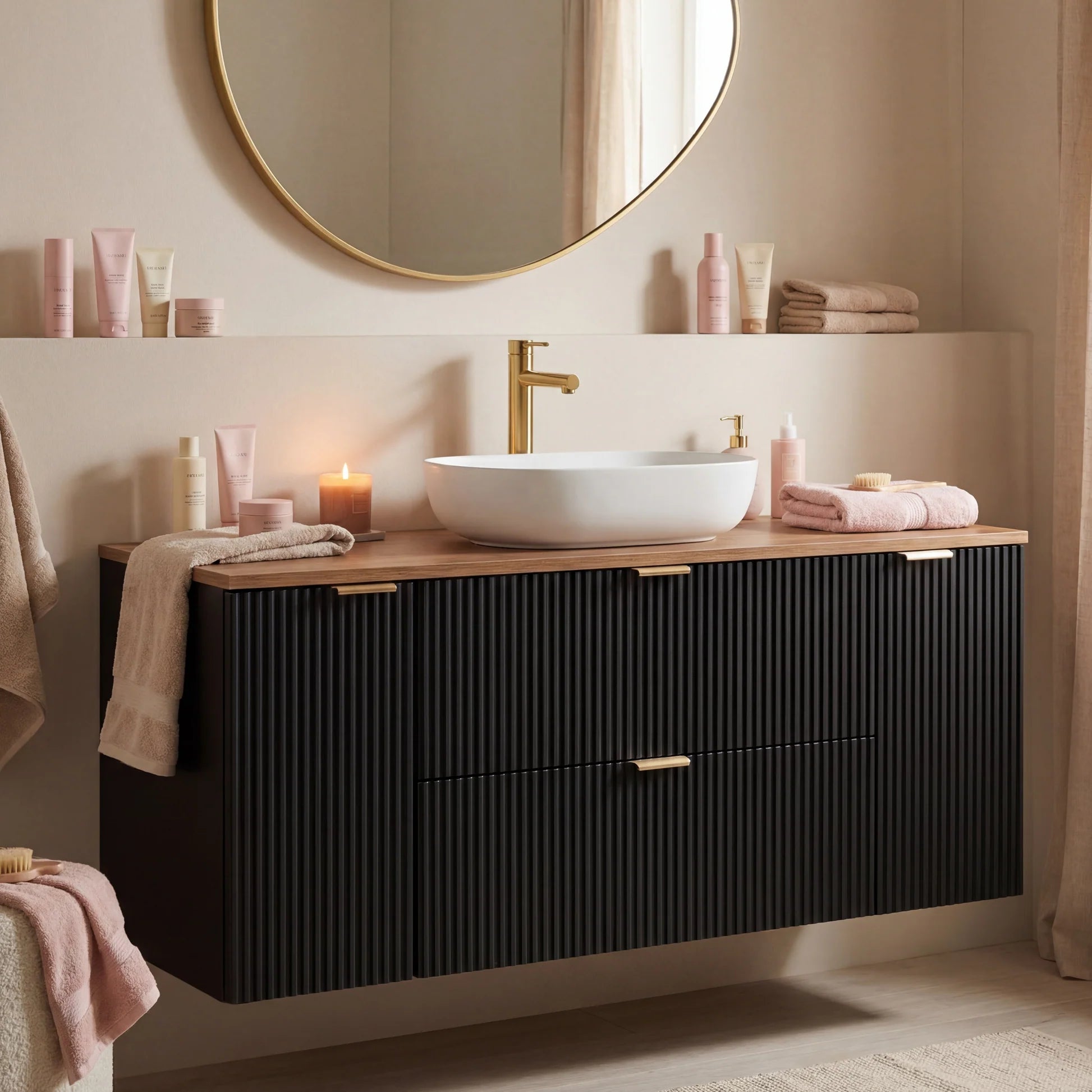 Dulap pentru lavoar 140 cm cu 2 usi, cu 2 sertare, fronturi canelate Willy - Negru, Nuc top