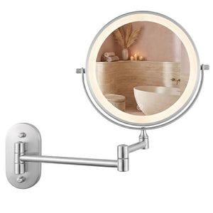 Oglindă cosmetică cu LED pe ambele fețe, pentru montare pe perete, finisaj crom lucios – design elegant, braț reglabil și iluminare LED cu 3 temperaturi de culoare pentru machiaj, bărbierit și îngrijire zilnică precisă.