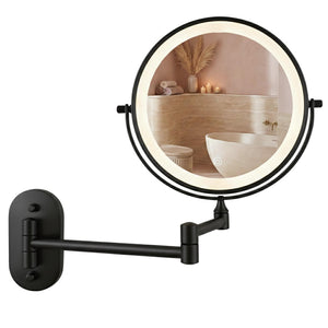 Oglindă cosmetică de perete cu LED pe ambele fețe, finisaj negru mat, braț reglabil, mărire 3x și iluminare tactilă.