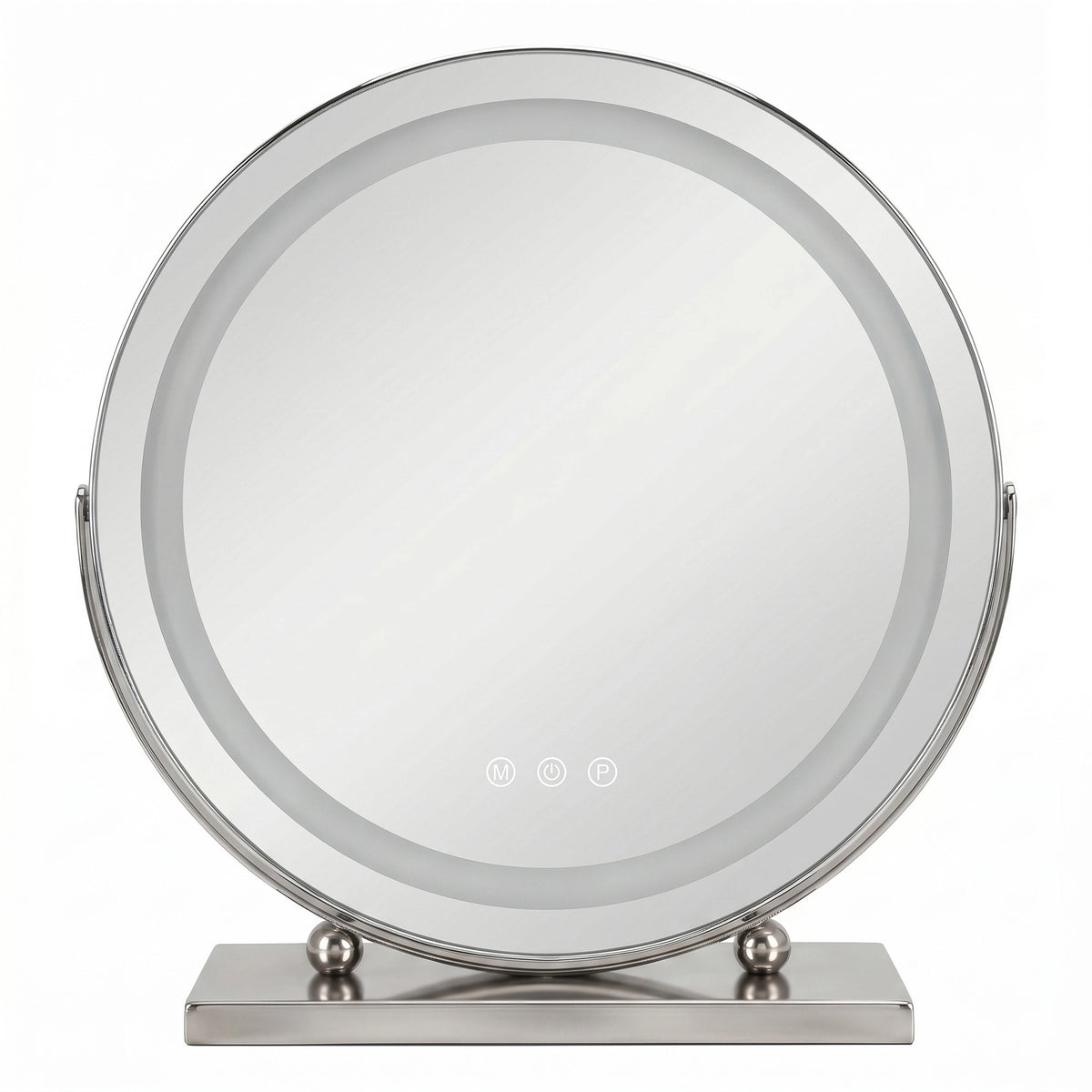 Oglindă de machiaj Chrom cu iluminare LED, diametru 40 cm, ramă cromată, reglare a intensității luminii și a temperaturii de culoare.