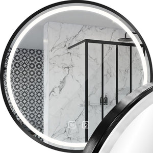 Oglindă rotundă de perete cu LED MMJ 80 cm, cu ramă neagră mată, iluminare reglabilă în 3 culori, funcție antiaburire și control tactil.