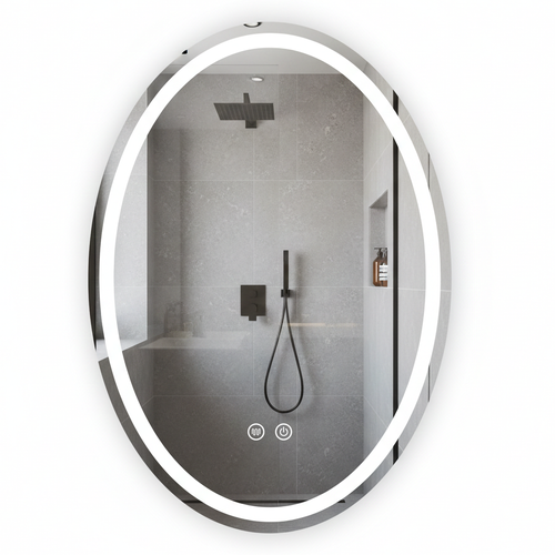 Oglindă ovală de perete cu LED Marco 60 × 80 cm, cu iluminare reglabilă, funcție antiaburire și control tactil, ideală pentru băi moderne și elegante.