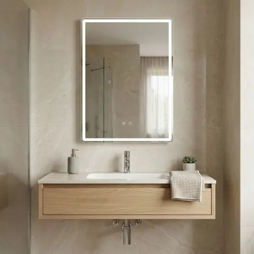 Oglindă de perete cu LED Marlo 80 × 60 cm, dreptunghiulară, cu colțuri rotunjite, iluminare LED reglabilă și funcție antiaburire, ideală pentru baie.