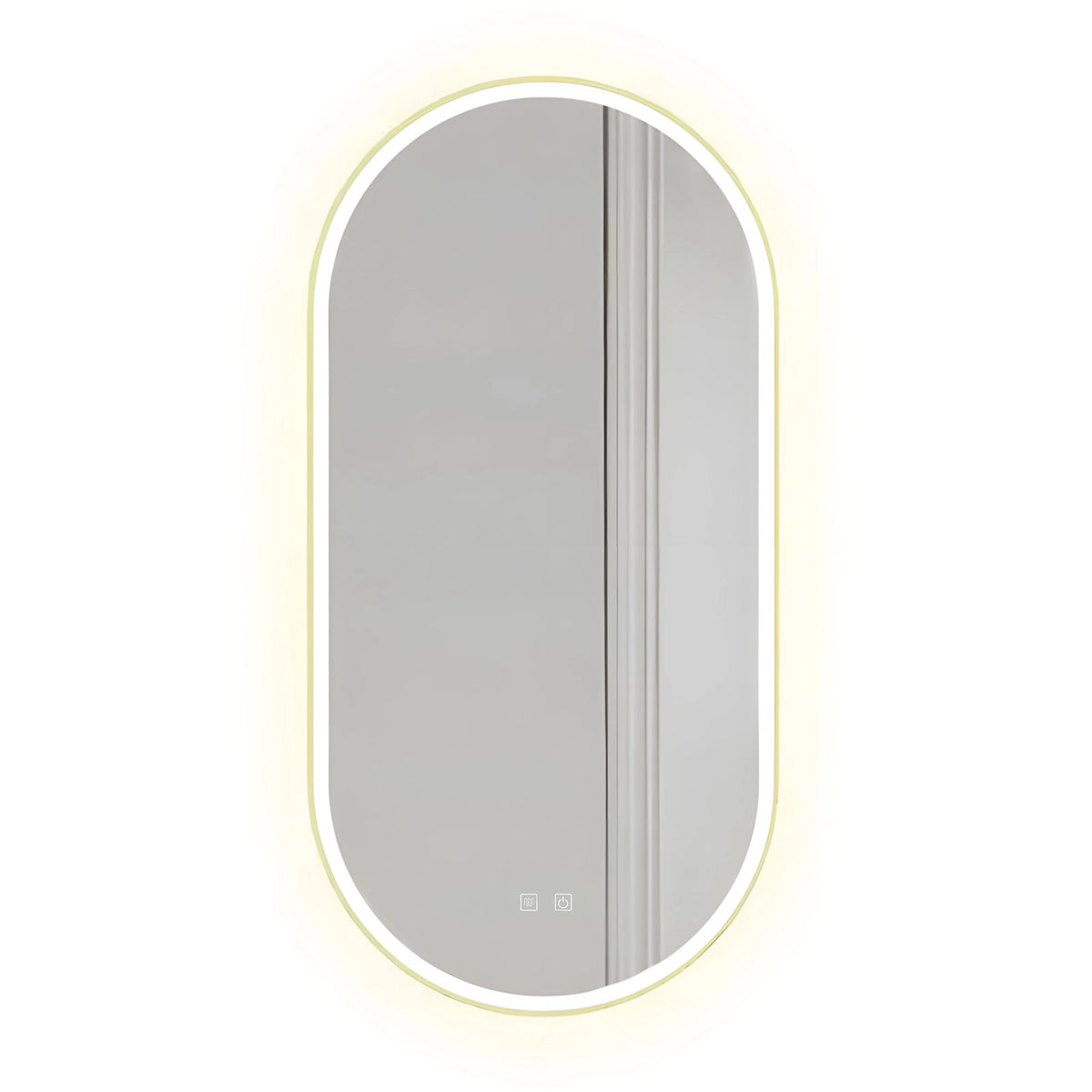 Oglindă ovală LED Ovl cu ramă din aluminiu aurie, dimensiuni 50 × 100 cm, funcție anti-aburire, control tactil și lumină reglabilă.