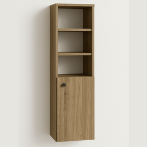 Dulap înalt pentru baie Beti 120 cm, 1 ușă semi-deschisă, finisaj Nuc închis, oferă depozitare practică și un aspect cald, natural și sofisticat.