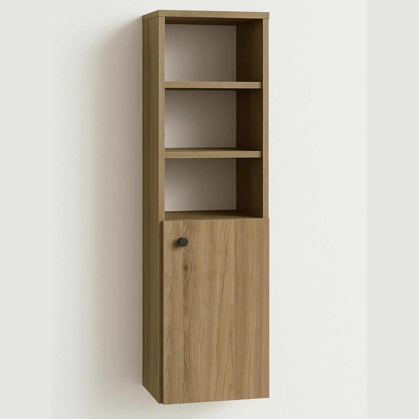 Dulap înalt pentru baie Beti 120 cm, 1 ușă semi-deschisă, finisaj Nuc închis, oferă depozitare practică și un aspect cald, natural și sofisticat.