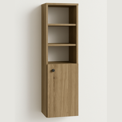 Dulap înalt pentru baie Beti 120 cm, 1 ușă semi-deschisă, finisaj Nuc închis, oferă depozitare practică și un aspect cald, natural și sofisticat.