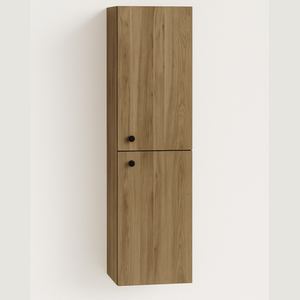 Dulap înalt pentru baie Beti 120 cm cu 2 uși, finisaj Nuc închis, oferă spațiu amplu de depozitare și un aspect rafinat, cald și elegant.