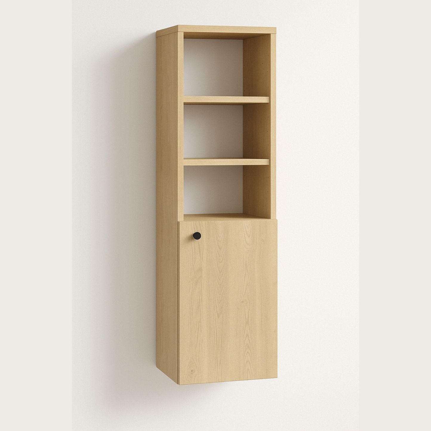 Dulap înalt pentru baie Beti 120 cm, 1 ușă semi-deschisă, finisaj Stejar Cremona, oferă depozitare practică și un aspect natural, cald și modern.