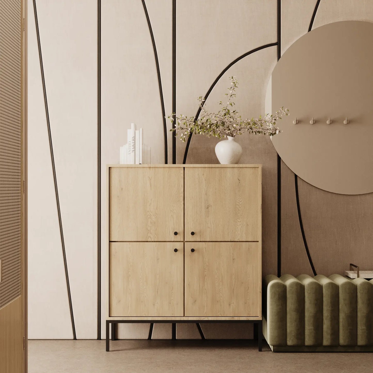 Comodă înaltă Gaja 100 cm Stejar Cremona cu 4 uși, fronturi netede și cadru metalic negru, stil modern și spațiu amplu de depozitare.