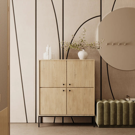 Comodă înaltă Gaja 100 cm Stejar Cremona cu 4 uși, fronturi netede și cadru metalic negru, stil modern și spațiu amplu de depozitare.