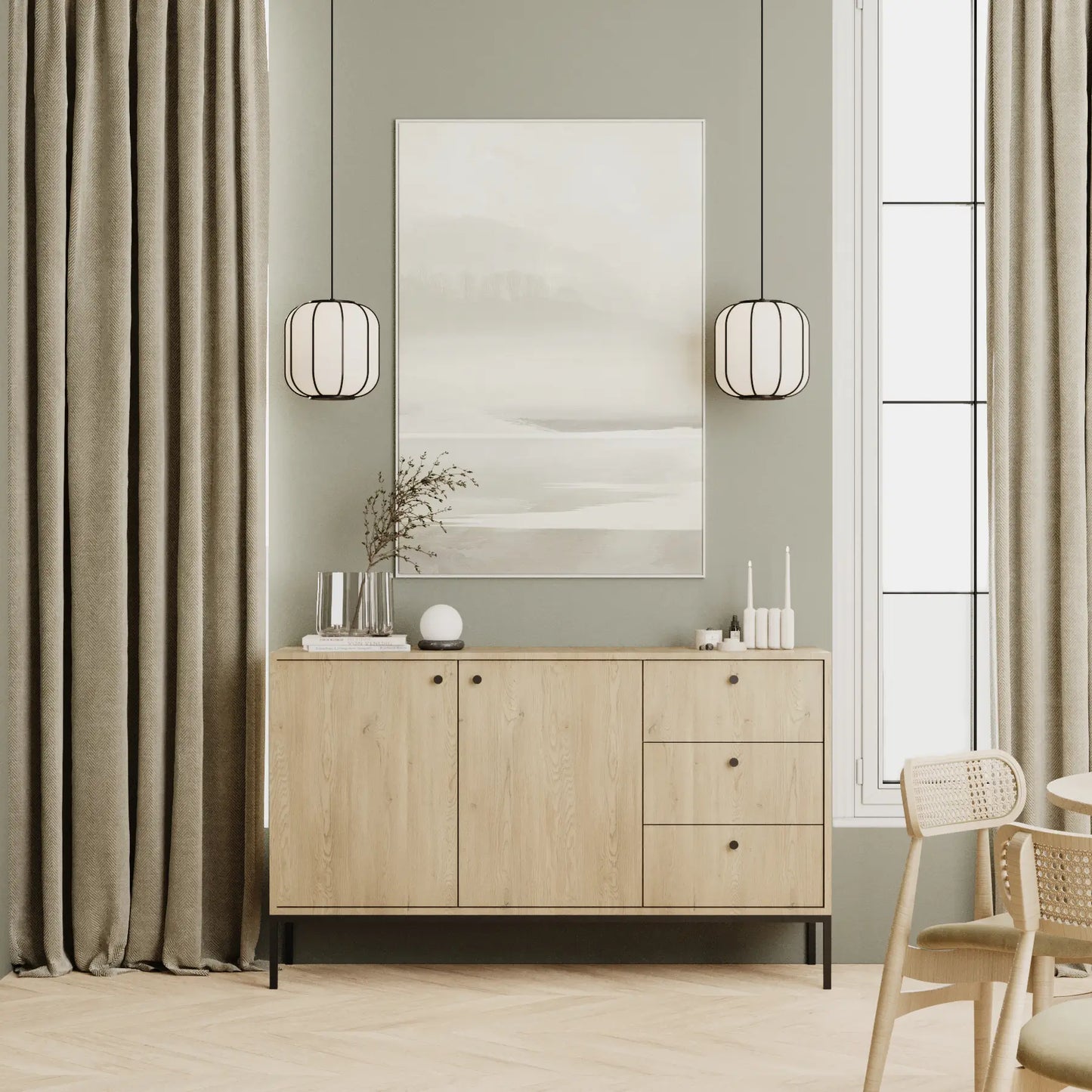 Comodă Gaja 150 cm Stejar Cremona cu 2 uși și 3 sertare, fronturi netede și cadru metalic negru, design modern și elegant.