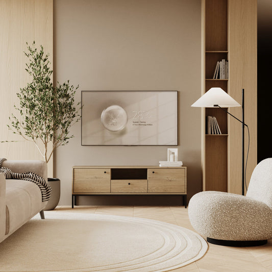 Dulap TV 150 cm, 3 uși, fronturi netede, pe cadru metalic negru Gaja – Stejar Cremona