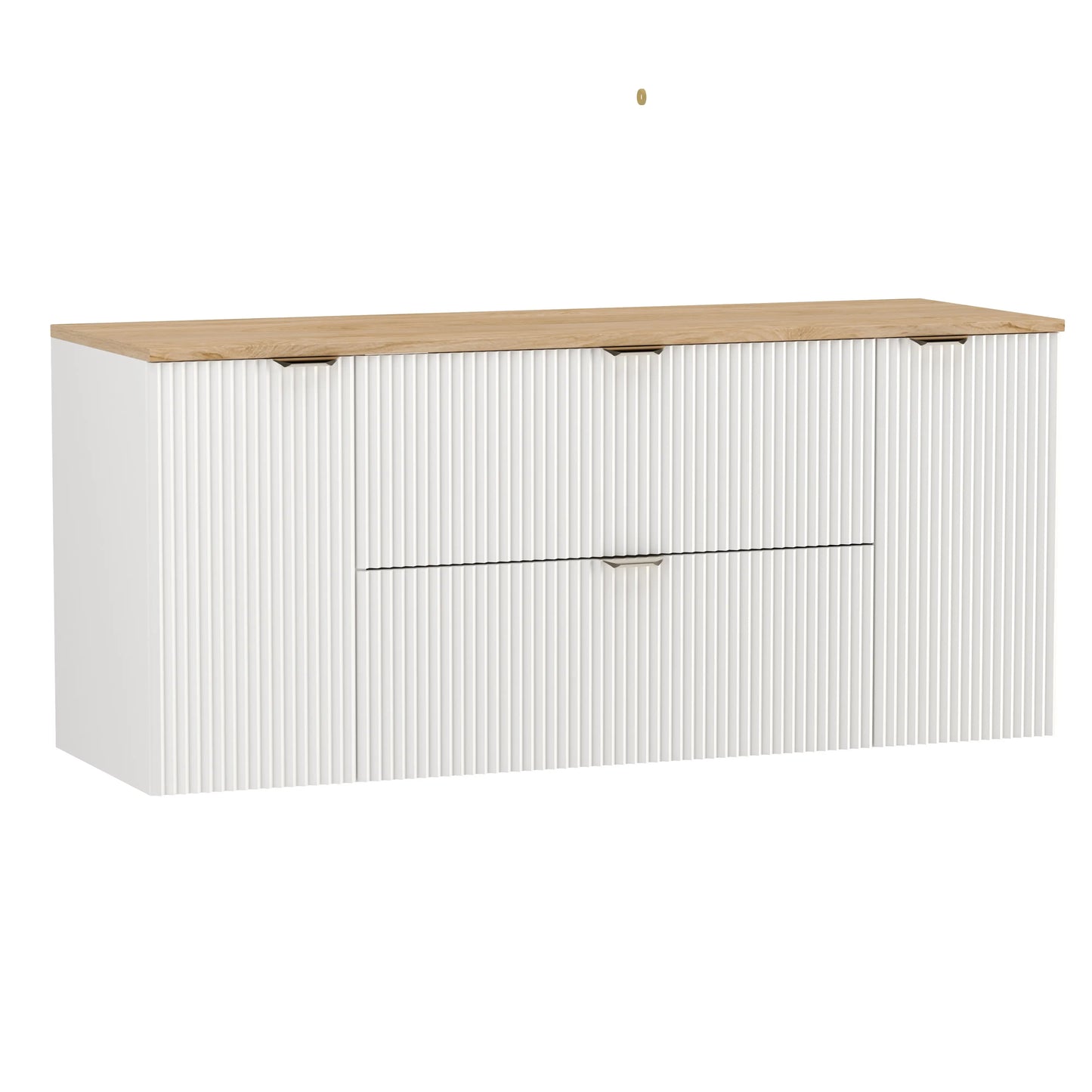 Dulap lavoar Willy 140 cm Alb cu blat Nuc, fronturi riflate și mânere aurii – mobilier modern și rafinat pentru băi elegante.