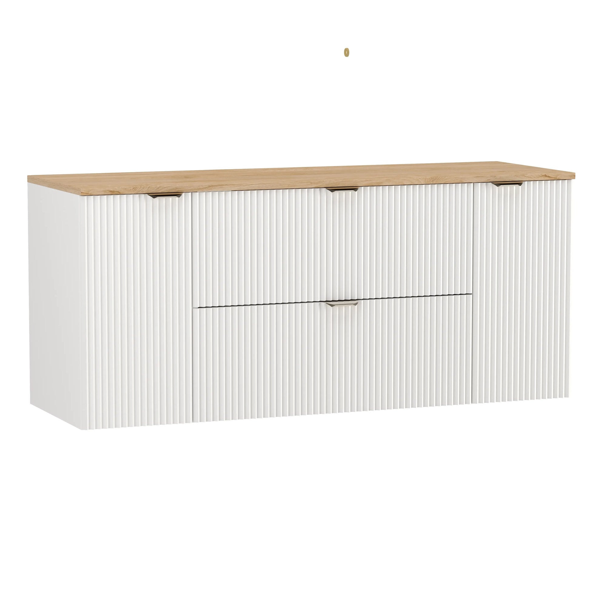 Dulap lavoar Willy 140 cm Alb cu blat Nuc, fronturi riflate și mânere aurii – mobilier modern și rafinat pentru băi elegante.