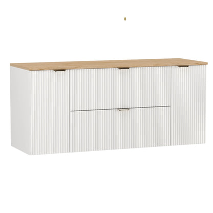 Dulap lavoar Willy 140 cm Alb cu blat Nuc, fronturi riflate și mânere aurii – mobilier modern și rafinat pentru băi elegante.