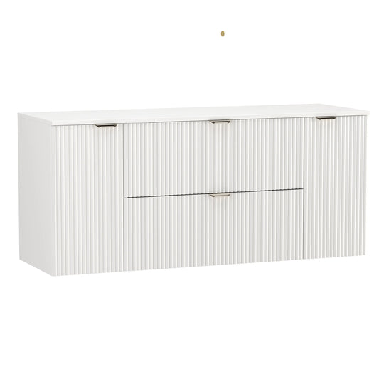 Dulap lavoar Willy 140 cm Alb Alpin cu fronturi riflate și mânere aurii – mobilier modern și luminos, perfect pentru băi elegante.