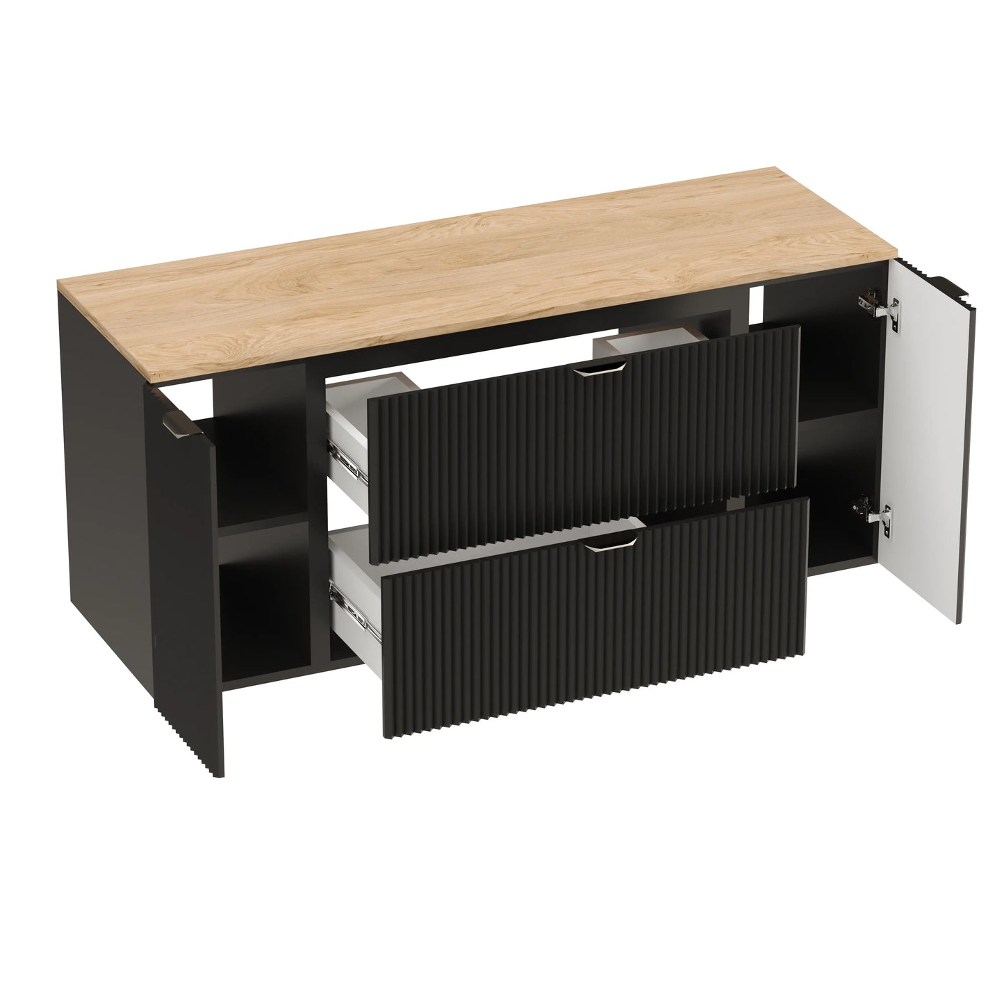 Dulap pentru lavoar 140 cm cu 2 usi, cu 2 sertare, fronturi canelate Willy - Negru, Nuc top