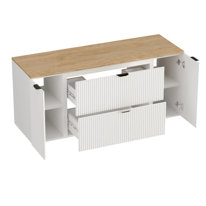 Dulap pentru lavoar 140 cm cu 2 usi, cu 2 sertare, fronturi canelate Willy - Alb, Nuc top