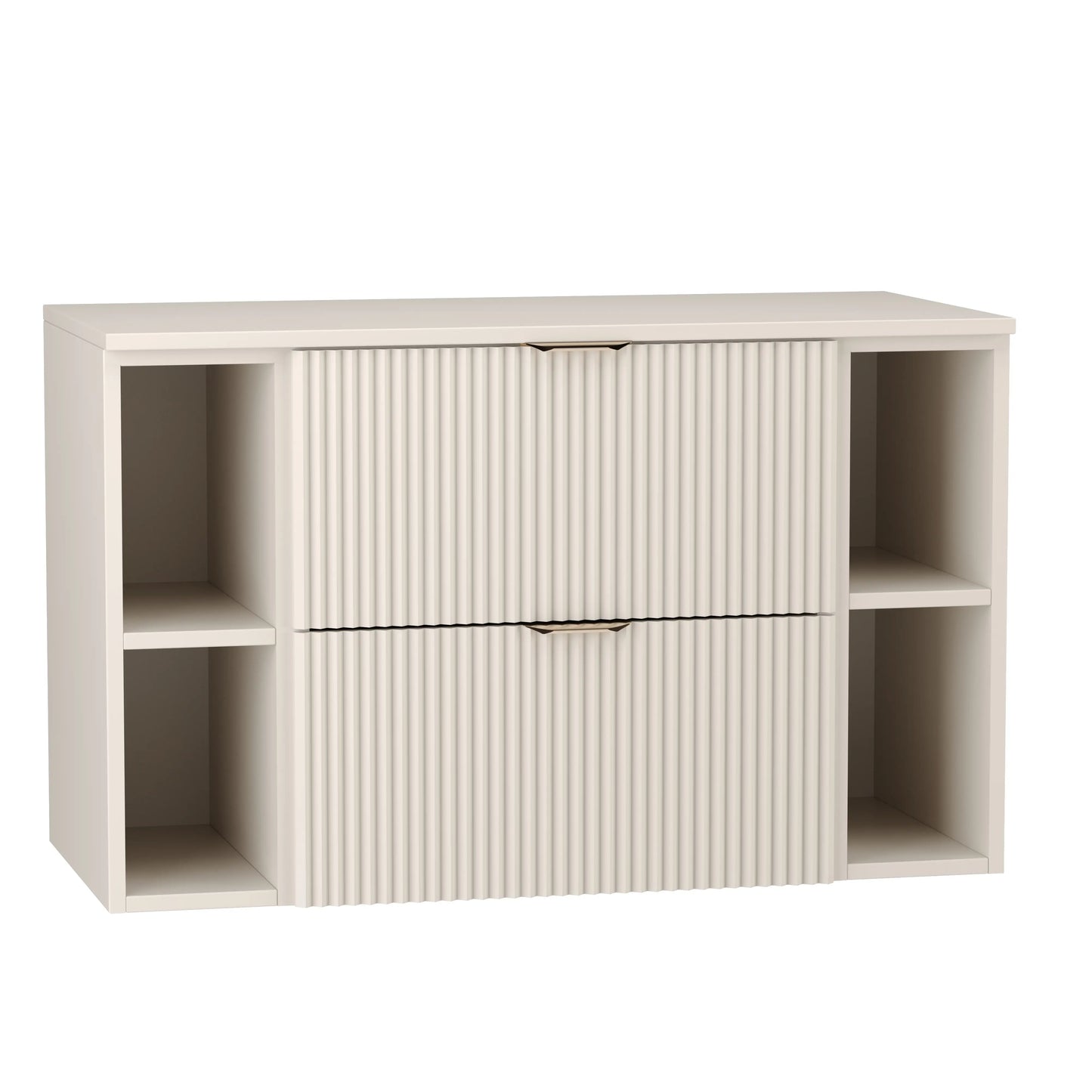 Waschtischunterschrank Willy 100 cm komplett in Kaschmir mit geriffelten Fronten, zwei seitlichen Regalen, goldenen Griffen und passender Arbeitsplatte.