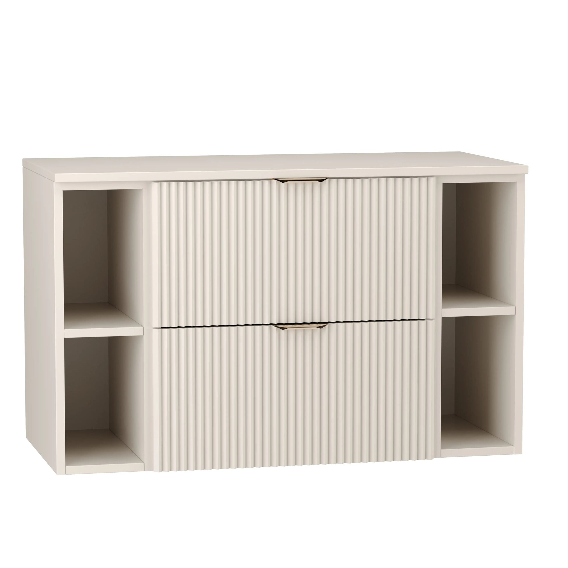 Waschtischunterschrank Willy 100 cm komplett in Kaschmir mit geriffelten Fronten, zwei seitlichen Regalen, goldenen Griffen und passender Arbeitsplatte.